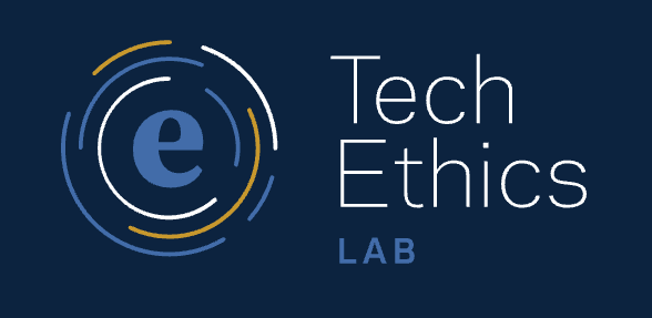 A dark blue background; on the left side is a small "e" character with stylized fragmented concentric circles surrounding the symbol. On the right are the words Tech Ethics in large, thin, sans-serif font, followed by the word "LAB" below.