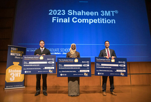 Left to right: Alex Boomgarden, first-place winner; Mariama S. Dampha second-place winner; and Isaac Angera, voted People's Choice winner of the 2023 Shaheen 3MT Competition (3MT®).