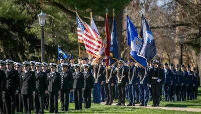 The University of Notre Dame Tri-Military Reserve Officer Training Corps (ROTC) executes the annual Pass-in-Review.