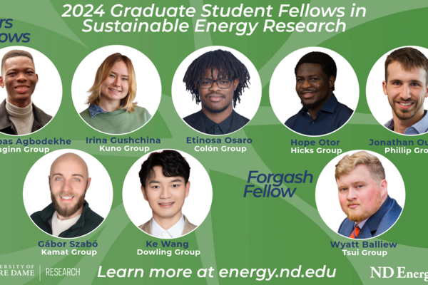 2024 recipients of the Patrick ’90 and Jana Eilers Graduate Student Fellowship for Energy Related Research and the John ’00 and Karla Forgash Graduate Student Fellowship for Solar Energy Research.