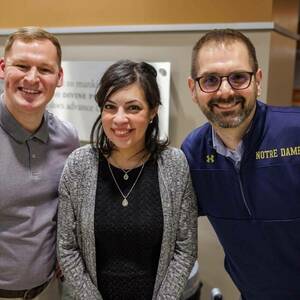 Graduate Career Services team members Ryan Kristofek, Luna Rodriguez, and Thomas Meyers at the 2024 Shaheen 3MT competition.