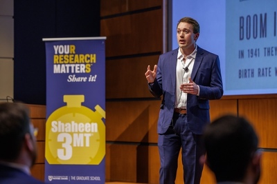 Henry Downes, Ph.D. student in economics, was named 1st Place winner in the 2024 Shaheen 3MT competition.