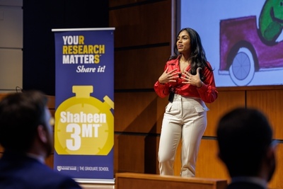 O. Amandhi Mathews, Ph.D. student in biological sciences, was named People's Choice winner in the 2024 Shaheen 3MT competition.