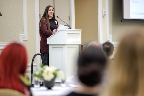 Sheehan Family Collegiate Professor of Engineering Jennifer Schaefer, Department of Chemical and Biomolecular Engineering,  addresses the 2024 honorees at the annual Outstanding Graduate Student Teaching Awards.