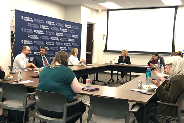 Kroc Institute Ph.D. students meet with the Keough School of Global Affairs’ Maura Policelli and various DC stakeholders to discuss their pathways from academia to practitioner-based positions at the Keough School’s Washington office.