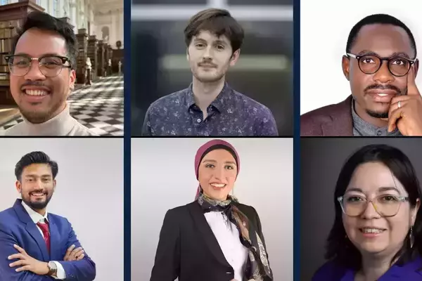 A picture with a grid of 6 headshots. The top row features three men. The top left photo is a man from the Philippines. The top middle is a man from the UK. The top right is a man from Uganda.
The bottom left is a man from India. The bottom middle is a women from Egypt. The bottom right is a woman from Chile.