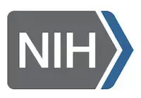 The National Institutes for Health logo displays 'NIH' in white text on a dark grey rectangle with a blue right-pointing arrow.