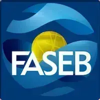 Federation of American Societies for Experimental Biology (FASEB) logo with white text, a yellow grid-patterned sphere, and blue wavy shapes on a dark blue background.